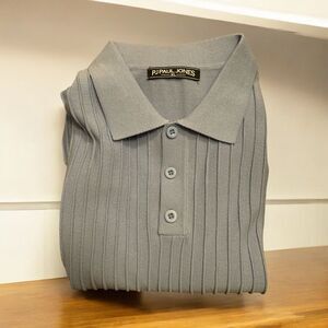 PJ PAUL JONES Mens Textured Knit Polo Shirt Ribbed Stretchy Golf Shirt XL Blue